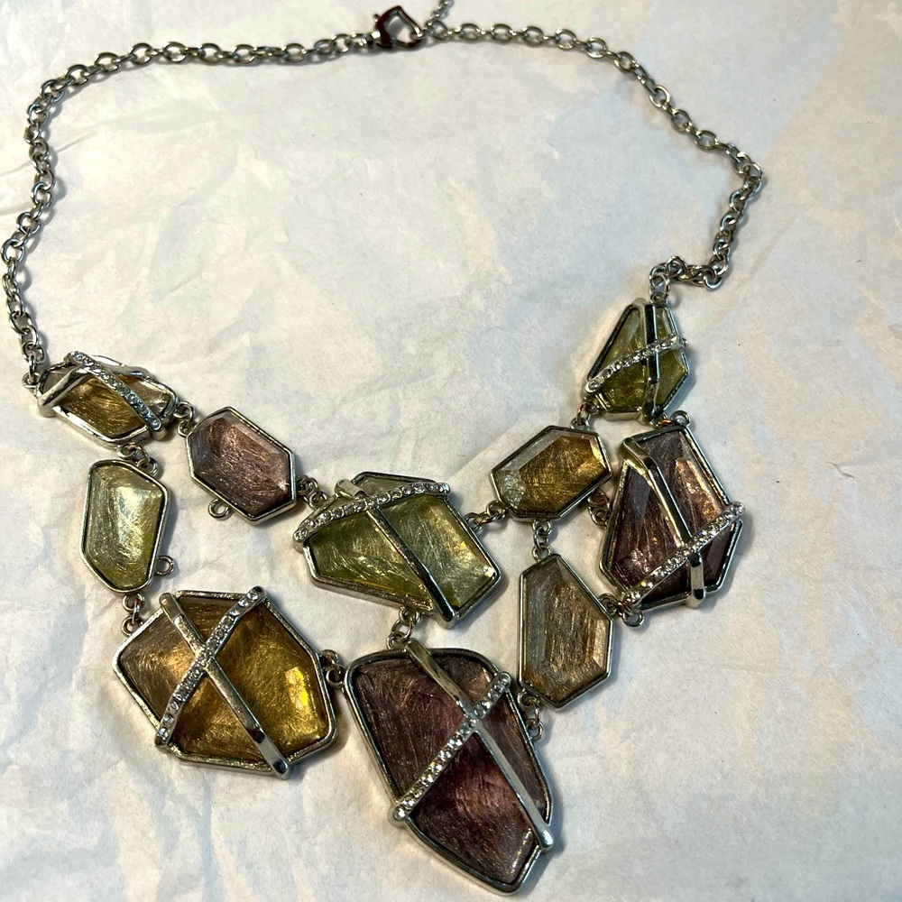 Beautiful statement necklace with purple, light green and gold glass